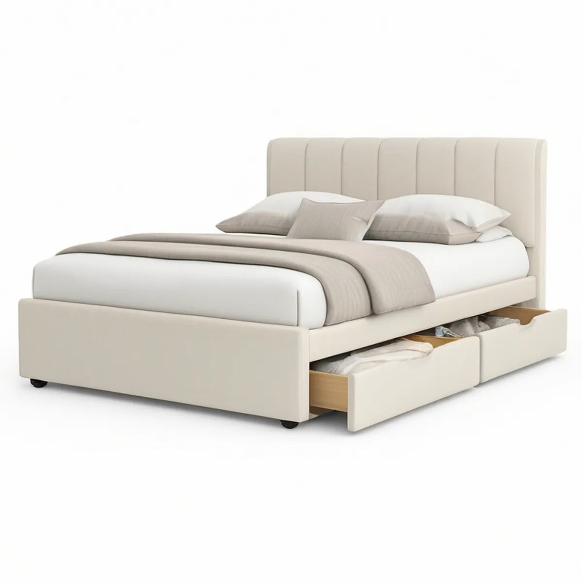 Cama de Casal com 2 Gavetas e Cabeceira Estofada 160 x 200 cm Bege/Preto