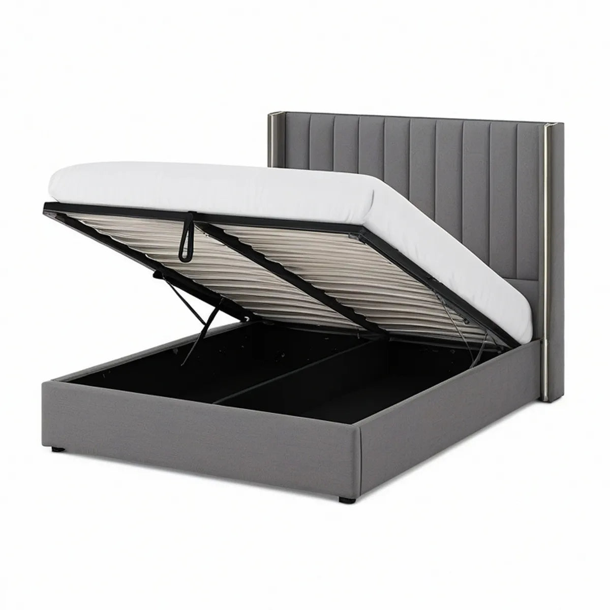 Cama de Casal com Arrumação Elevatória e Cabeceira Estofada Cinzenta 160 x 200 cm