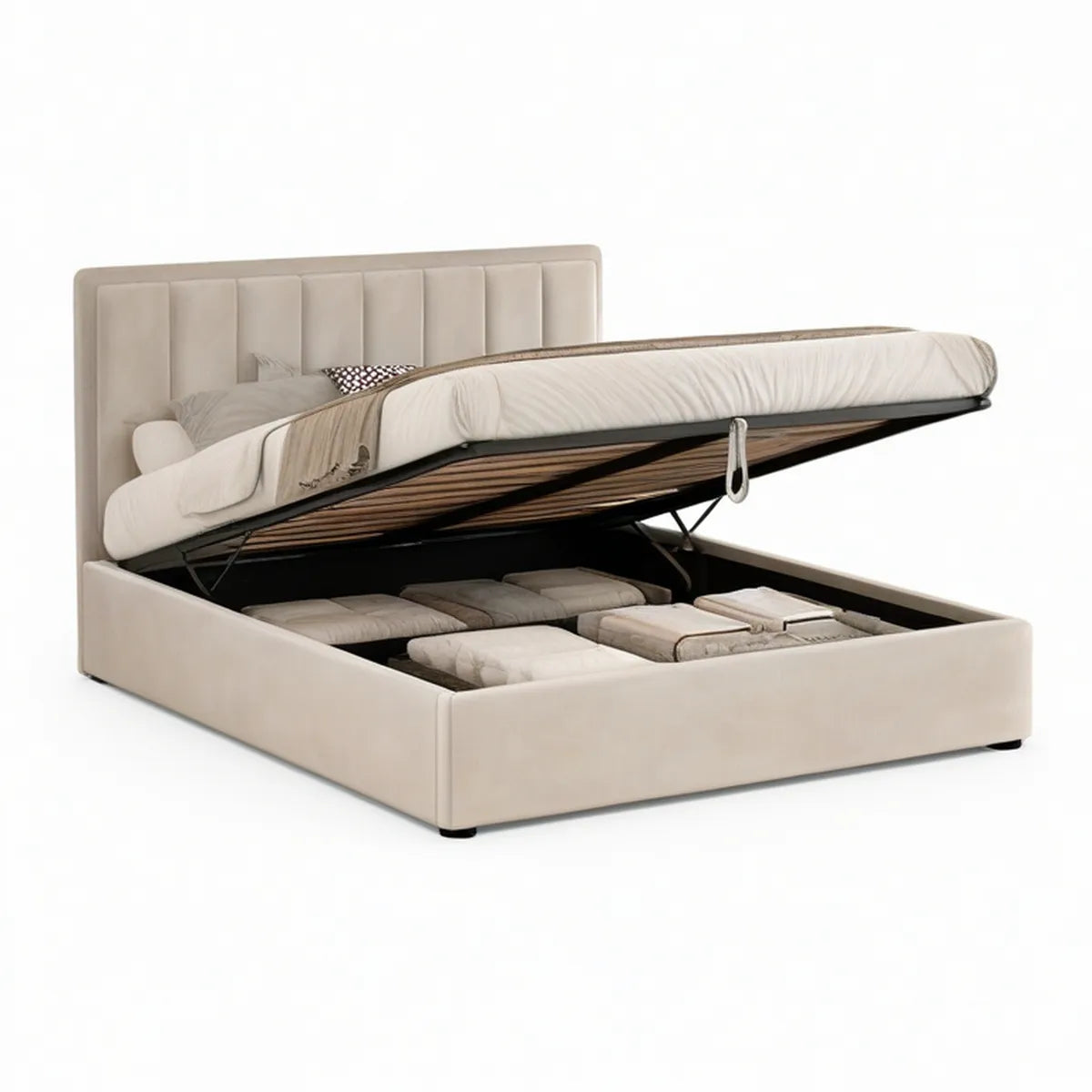 Cama de Casal com Estrado Elevatório e Arrumação 160 x 200 cm em Poliéster Bege