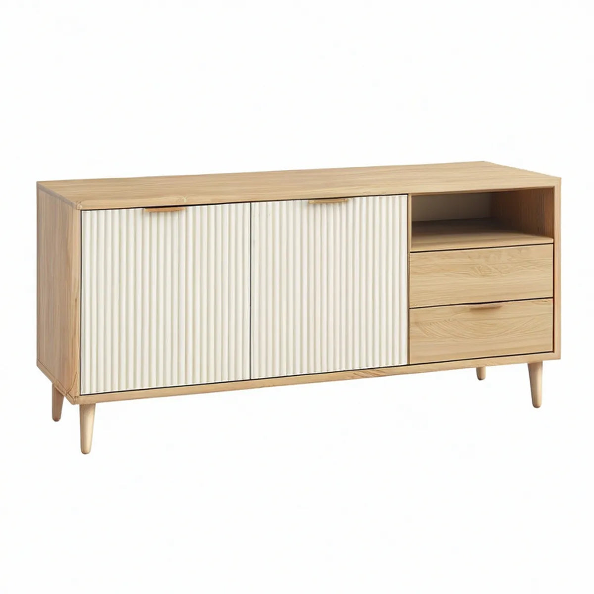 Móvel para TV em MDF 160 x 40 x 80 cm com 2 Portas Caneladas, 2 Gavetas e Nicho, Carvalho Natural e Branco