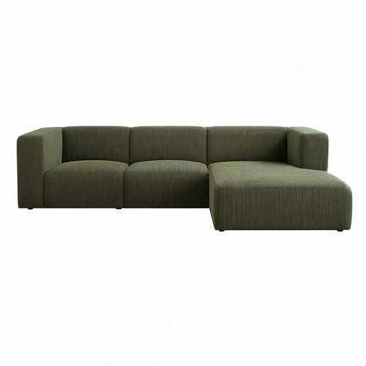 Sofá de Canto de 3 Lugares em Poliéster Canelado Verde-Oliva com Chaise Longue Direita 260 x 160 x 75 cm