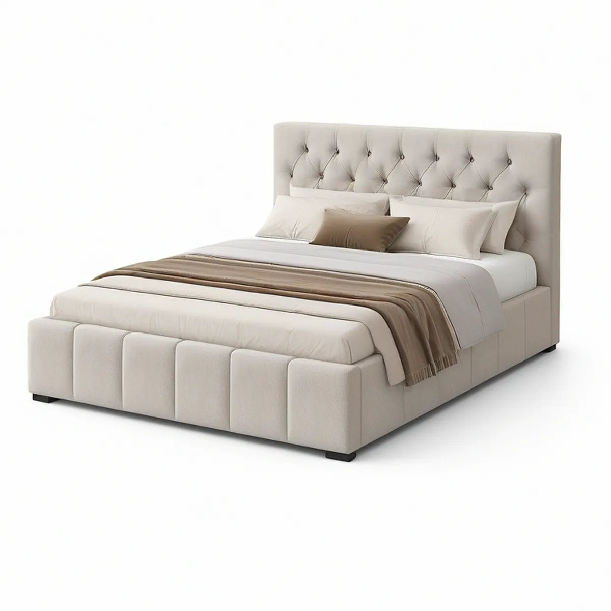Cama Estofada Bege com Arrumação e Cabeceira Capitoné para Colchão 160 x 200 cm