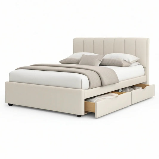 Cama de Casal com 2 Gavetas e Cabeceira Estofada 160 x 200 cm Bege/Preto