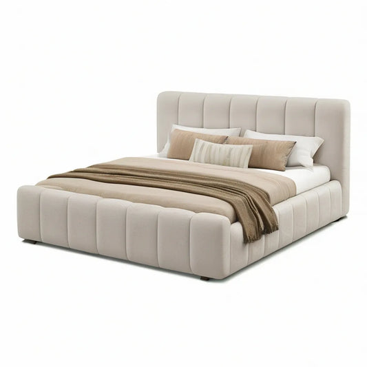 Cama de Casal Estofada com Arrumação e Cabeceira Acolchoada Bege, para Colchão 160 x 200 cm