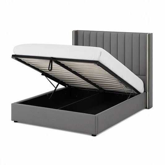 Cama de Casal com Arrumação Elevatória e Cabeceira Estofada Cinzenta 160 x 200 cm