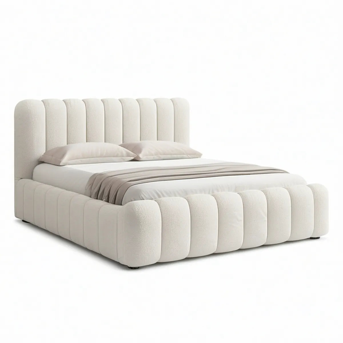 Cama de Casal Estofada com Arrumação em Bouclé Creme para Colchão 160 x 200 cm