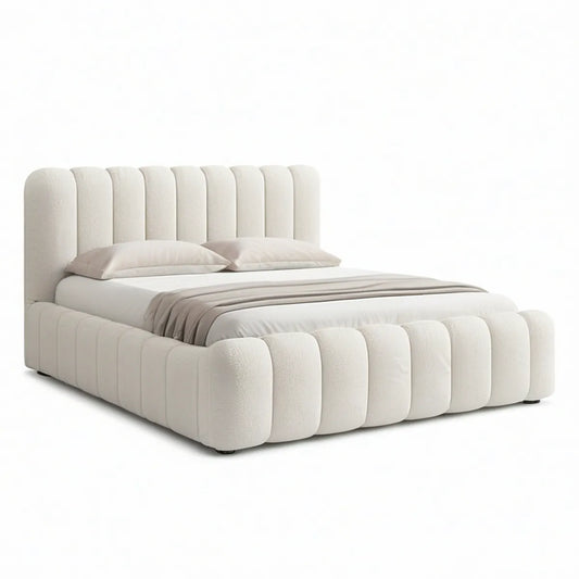 Cama de Casal Estofada com Arrumação em Bouclé Creme para Colchão 160 x 200 cm