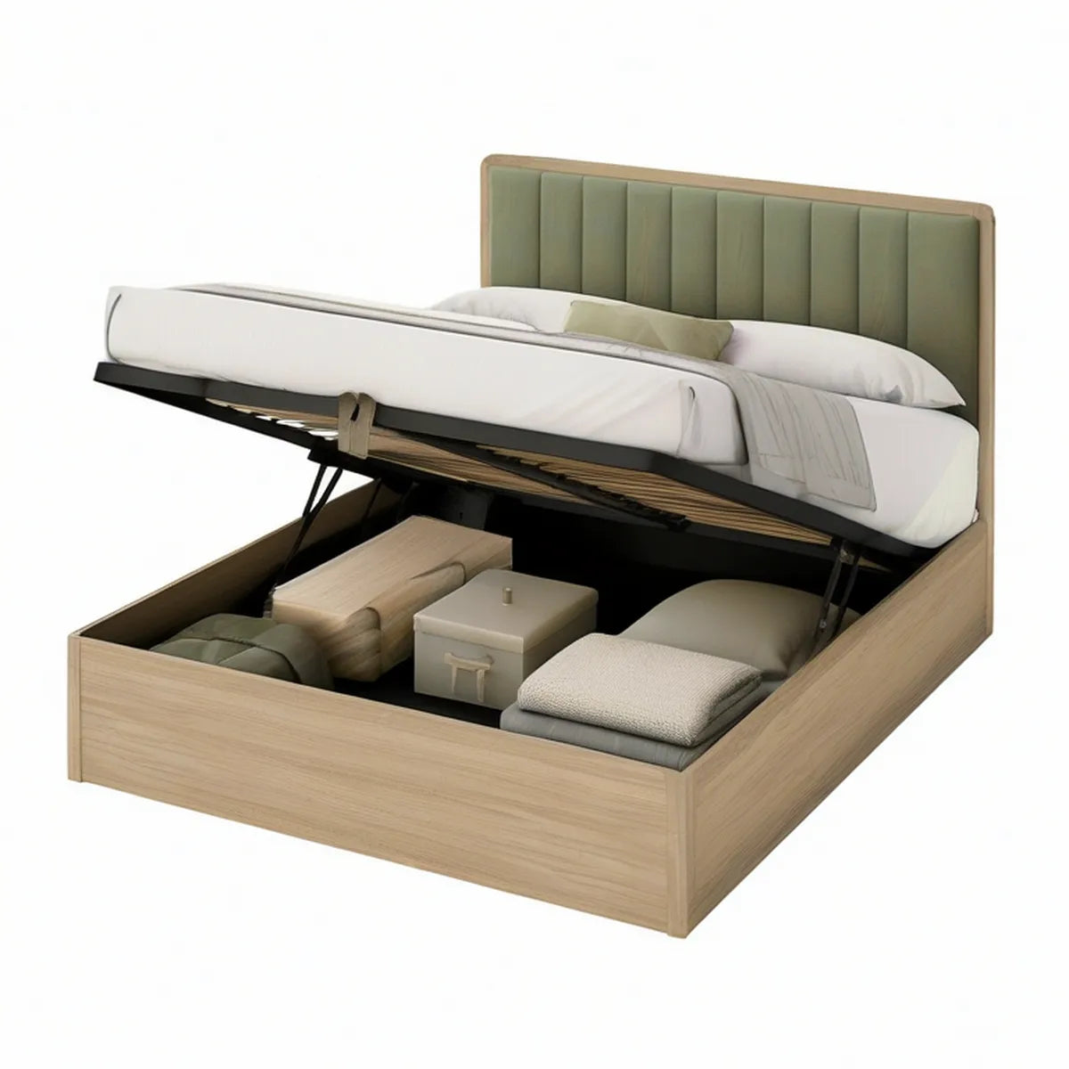 Cama elevatória 160 x 200 cm em carvalho claro com cabeceira verde