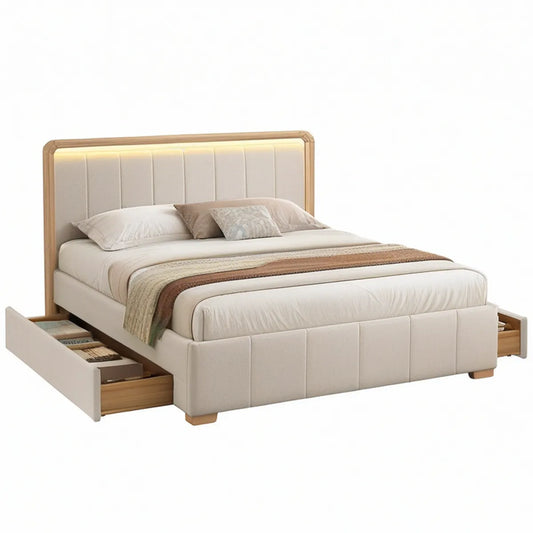 Cama de Casal 180 x 200 cm com Cabeceira LED e 2 Gavetas Laterais em Bege e Carvalho Claro