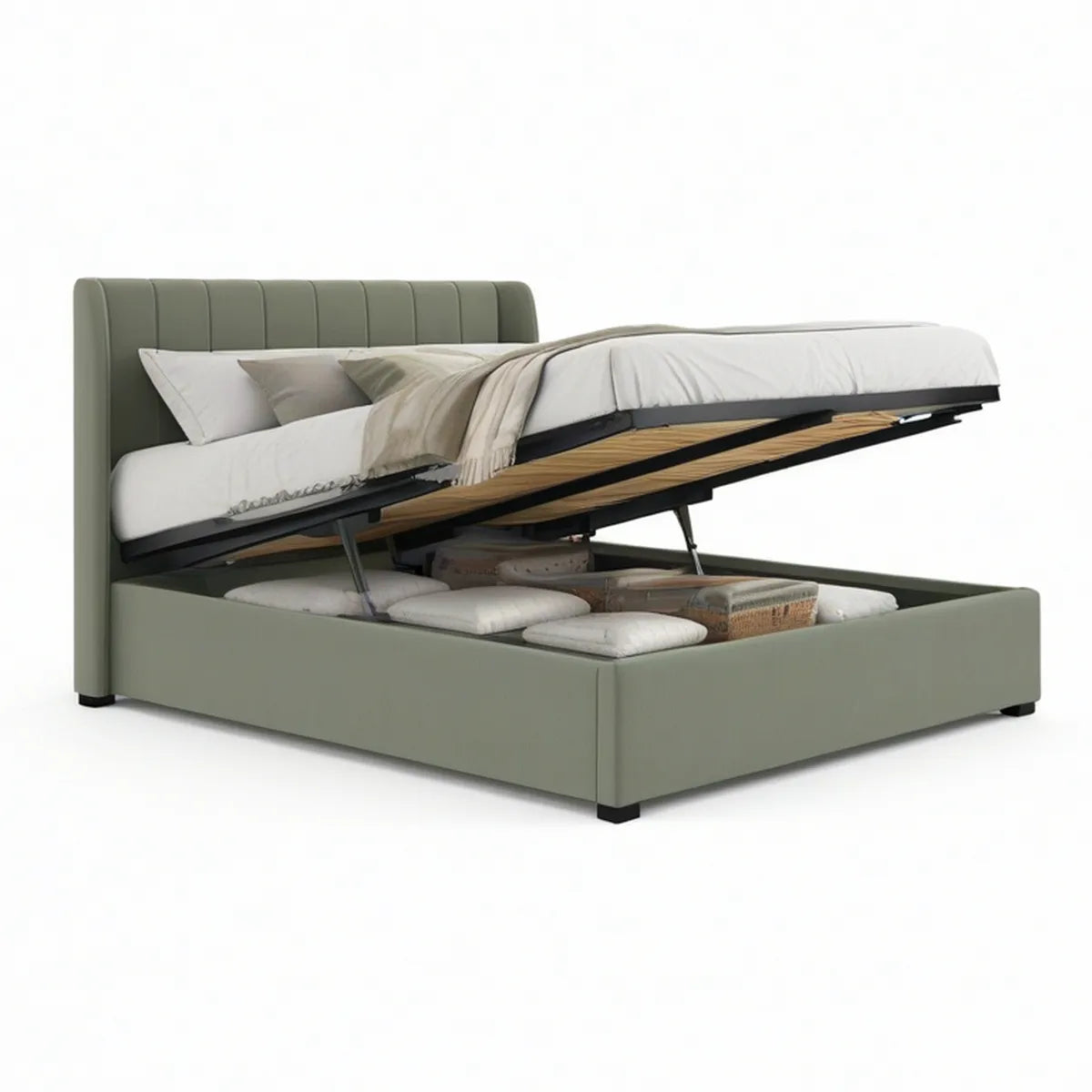 Estrutura de Cama de Casal com Arrumação Elevatória 160 x 200 cm em Pele Sintética PU Verde-acinzentado