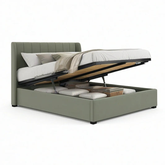 Estrutura de Cama de Casal com Arrumação Elevatória 160 x 200 cm em Pele Sintética PU Verde-acinzentado