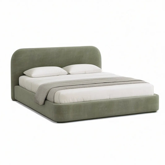 Cama Estofada Verde-oliva com Arrumação e Cabeceira Curva, 160 x 200 cm