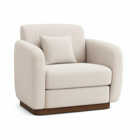 Poltrona Estofada em Bouclé Bege e Castanho com Almofada 100 x 90 x 78 cm