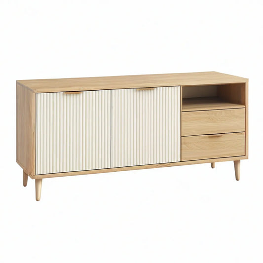 Móvel para TV em MDF 160 x 40 x 80 cm com 2 Portas Caneladas, 2 Gavetas e Nicho, Carvalho Natural e Branco