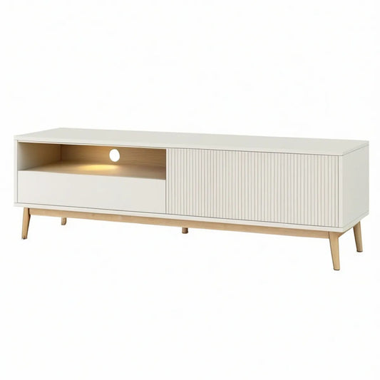Móvel de TV em MDF Branco e Carvalho Natural com LED, 160 x 40 x 55 cm